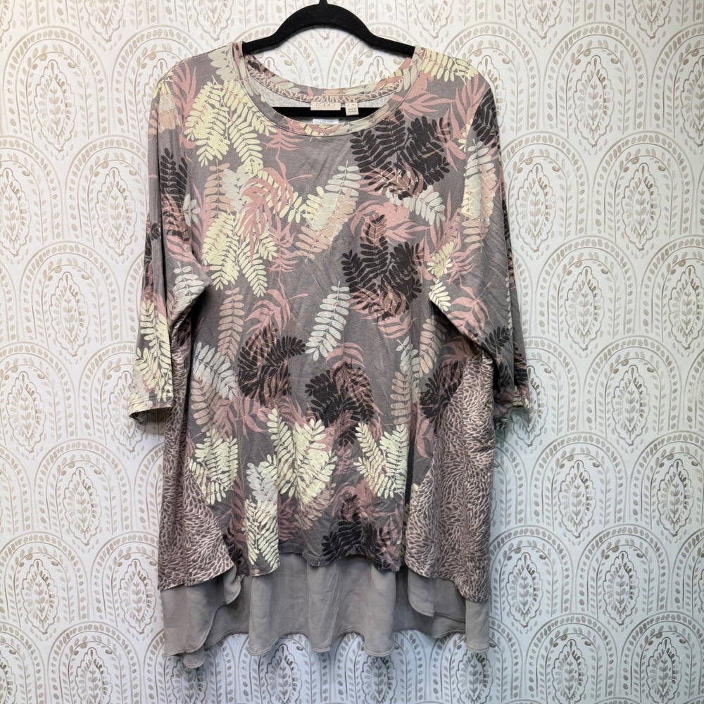 LOGO Lori Goldstein Tunic Women 3X Grey Pink Fern Mixed Media Layered Knit Top